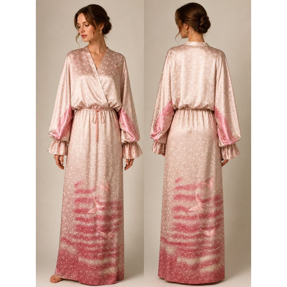 Pink Butterfly Jacquard Satin Balloon Sleeve Ombre Peignoir Robe 60's Size M/L